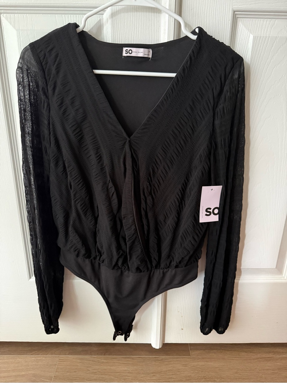 SO Black Textured V-Neck Long-Sleeve Bodysuit